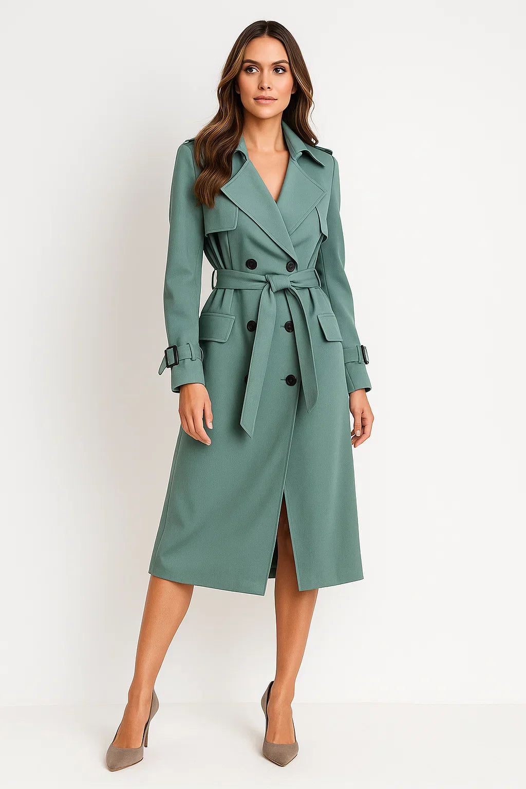 Maison Long Trench Coat | Belted A-Line Silhouette | Classic Mid-Season Design