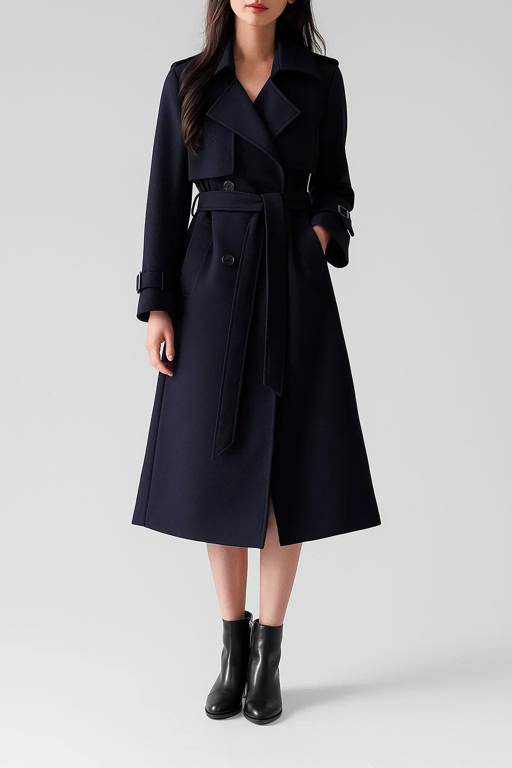 Maison Long Trench Coat | Belted A-Line Silhouette | Classic Mid-Season Design