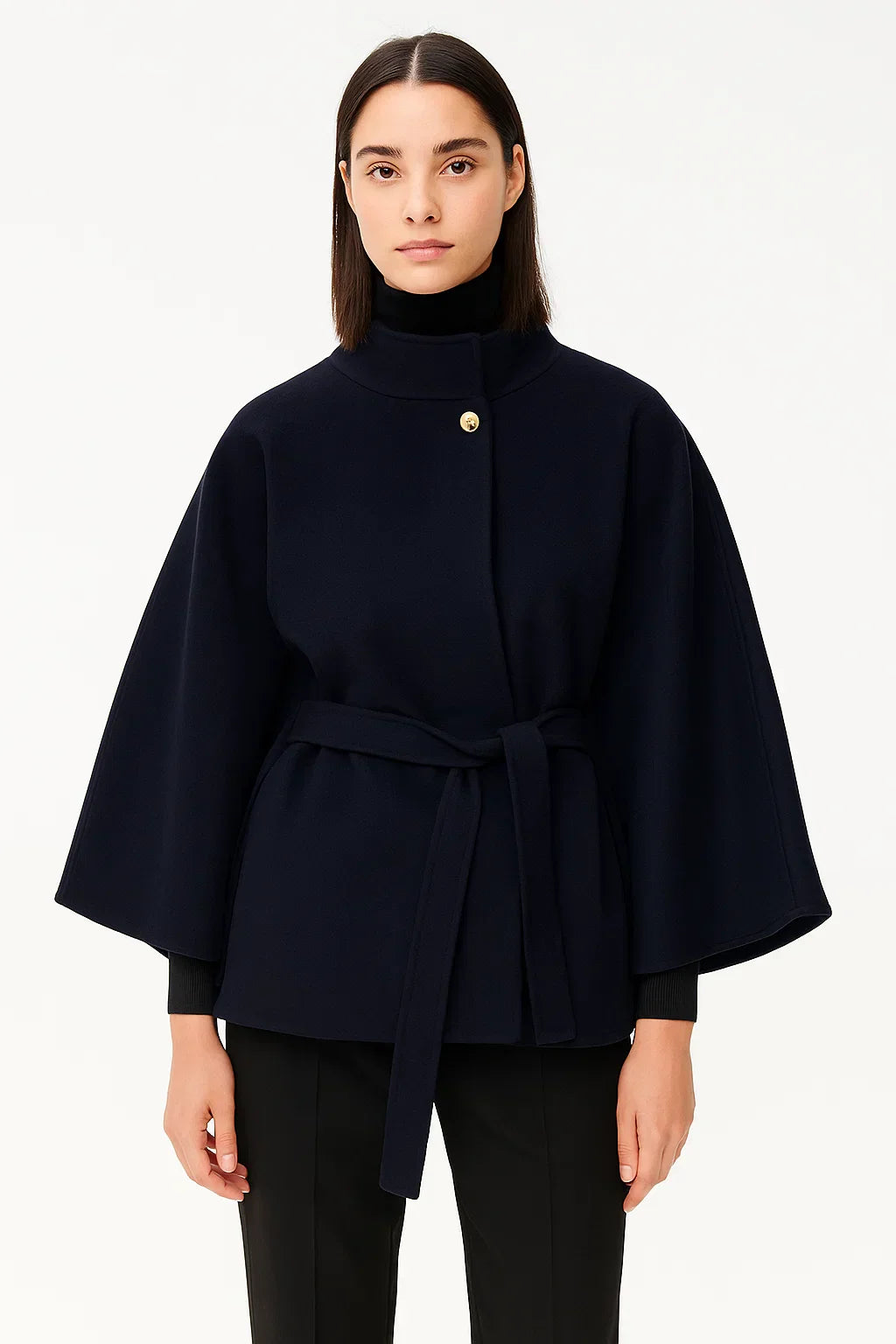 Structured Cape Coat | Belted Waist | High Collar
