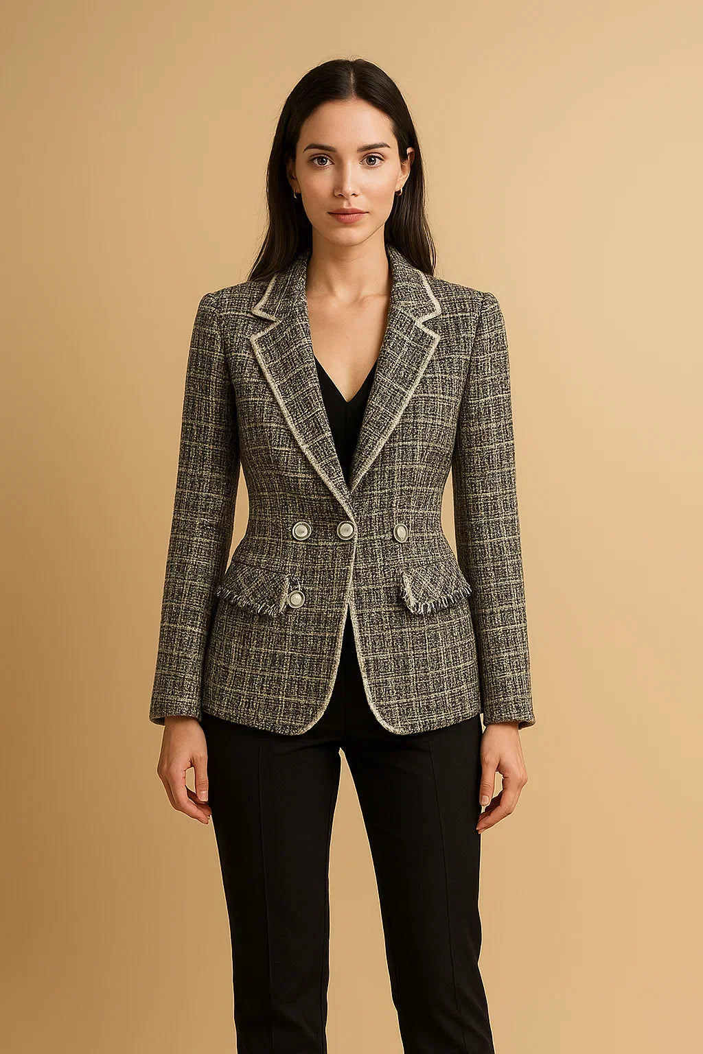 Double-Breasted Tweed Blazer | Pearl Buttons | Structured Fit