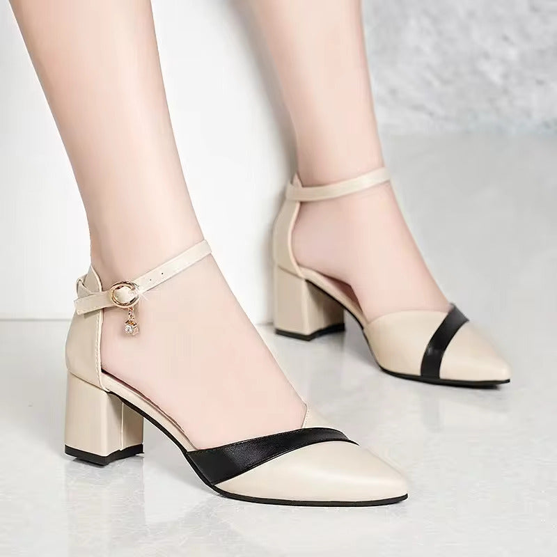 Block Heel Ankle Strap Pumps | Contrast Band | Pointed Toe