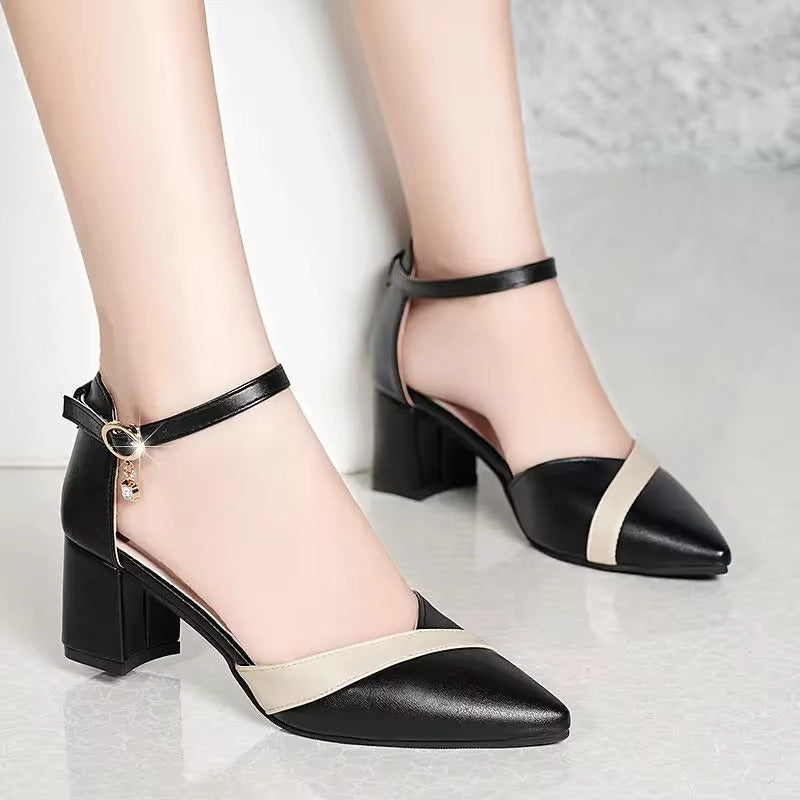 Block Heel Ankle Strap Pumps | Contrast Band | Pointed Toe