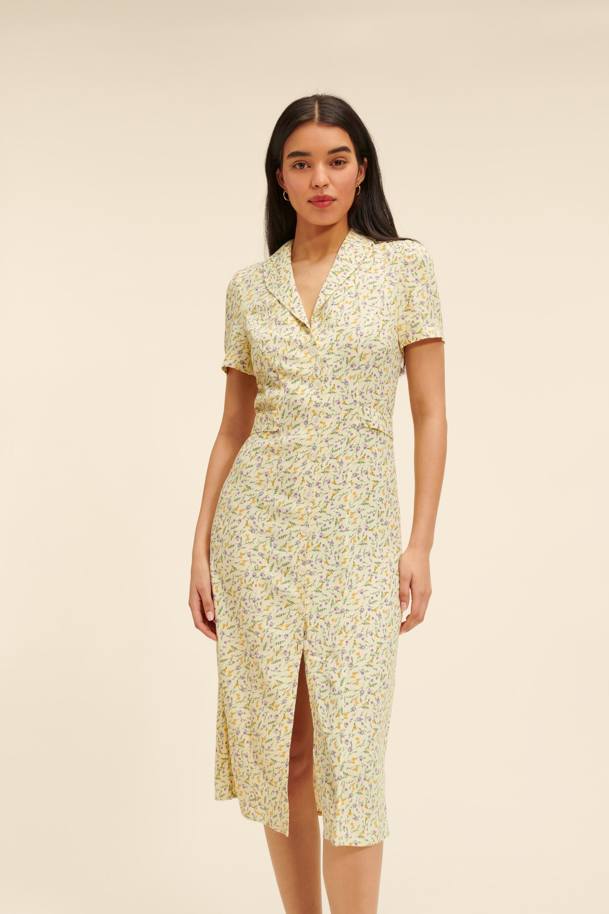 Silk-Blend Floral Midi Dress | Button Front | Short Sleeves