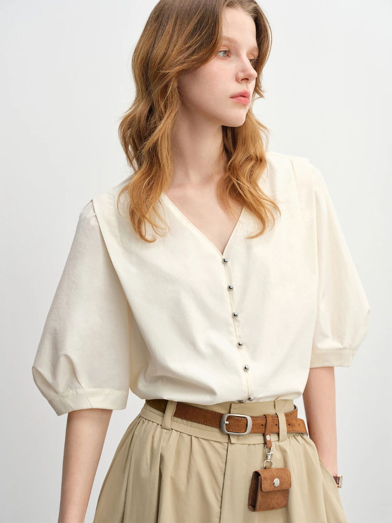 V-Neck Puff Sleeve Blouse | Relaxed Fit | Button Detailing