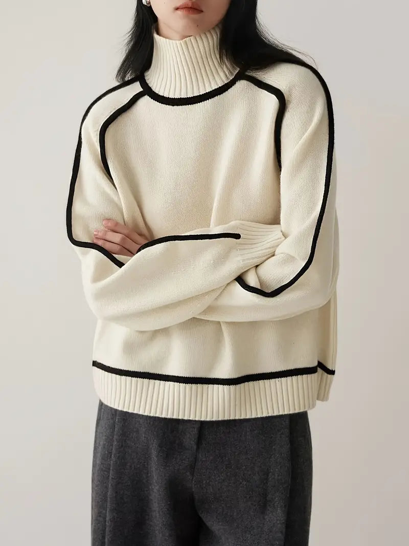 Wool Blend Turtleneck Sweater | Contrast Trim | Relaxed Fit