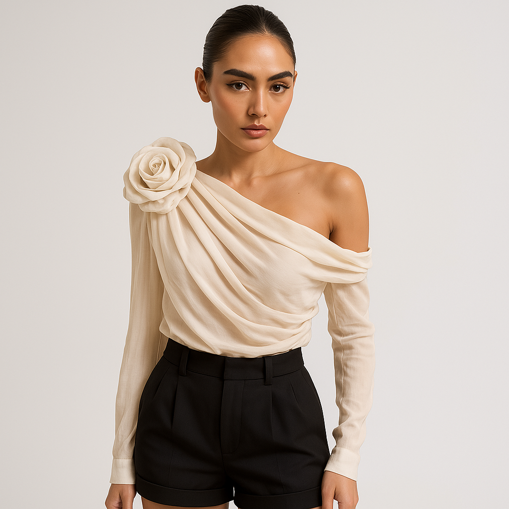 Étoile One-Shoulder Draped Blouse | 3D Floral Detail