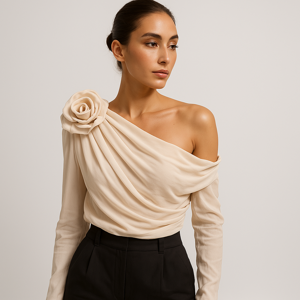 Étoile One-Shoulder Draped Blouse | 3D Floral Detail