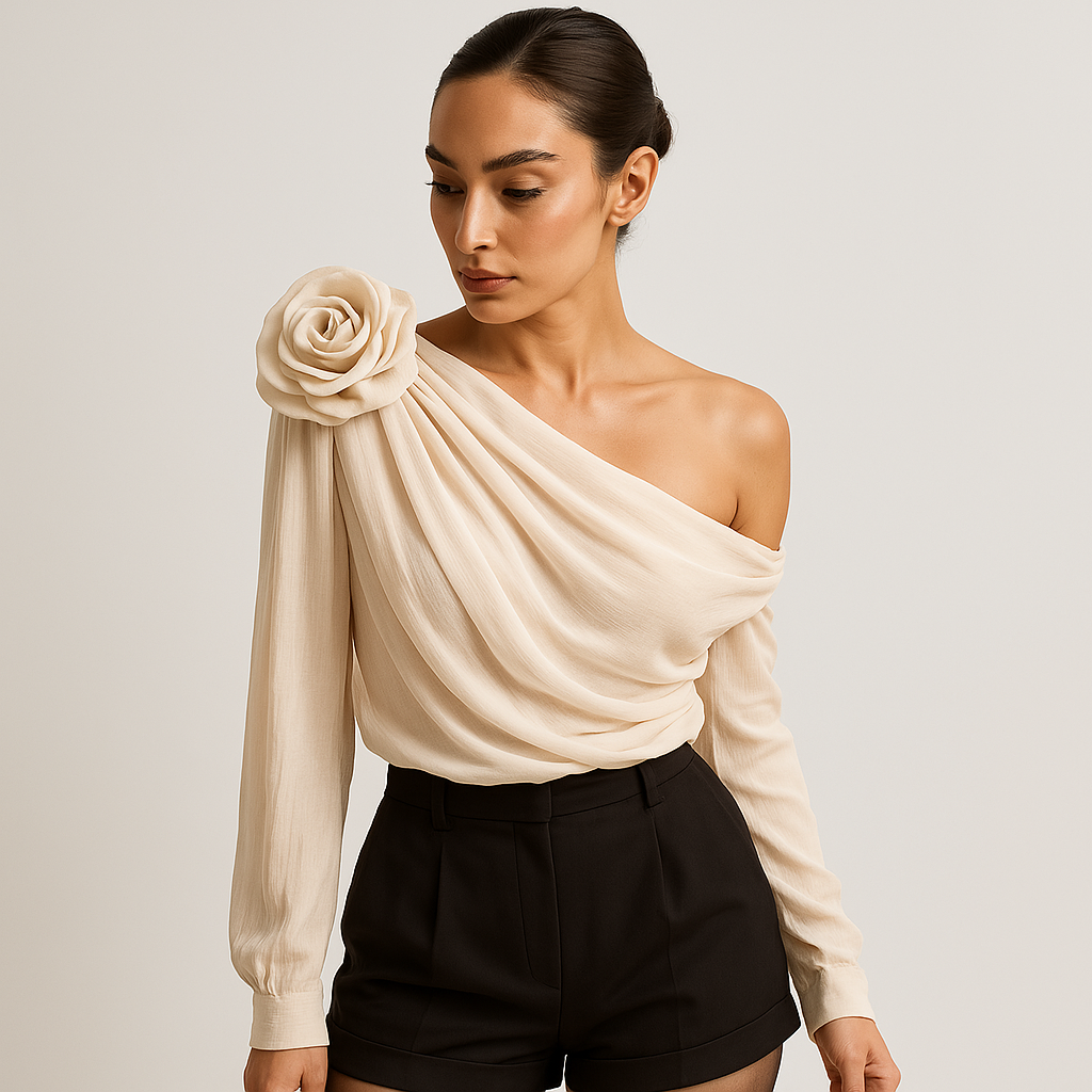 Étoile One-Shoulder Draped Blouse | 3D Floral Detail