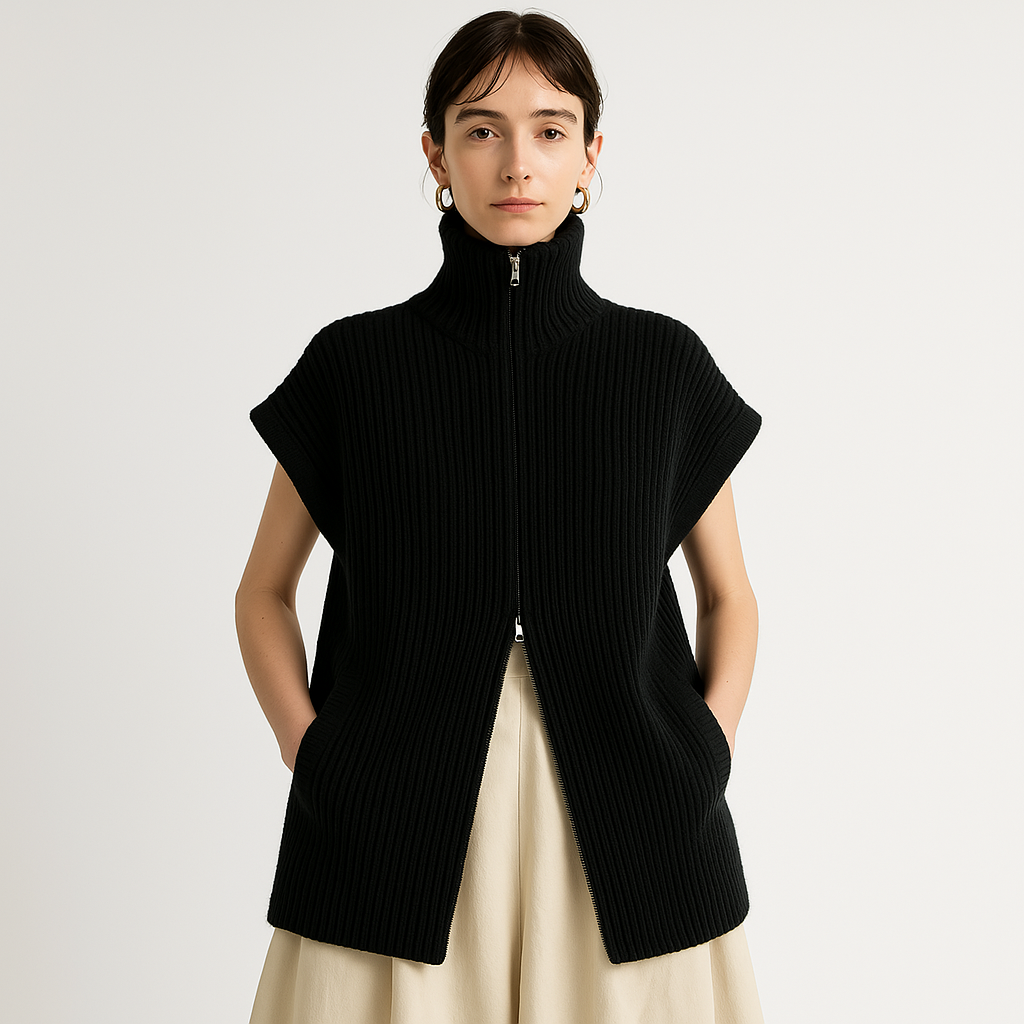 Ribbed Knit Zip Vest | High Neck | Oversized Fit