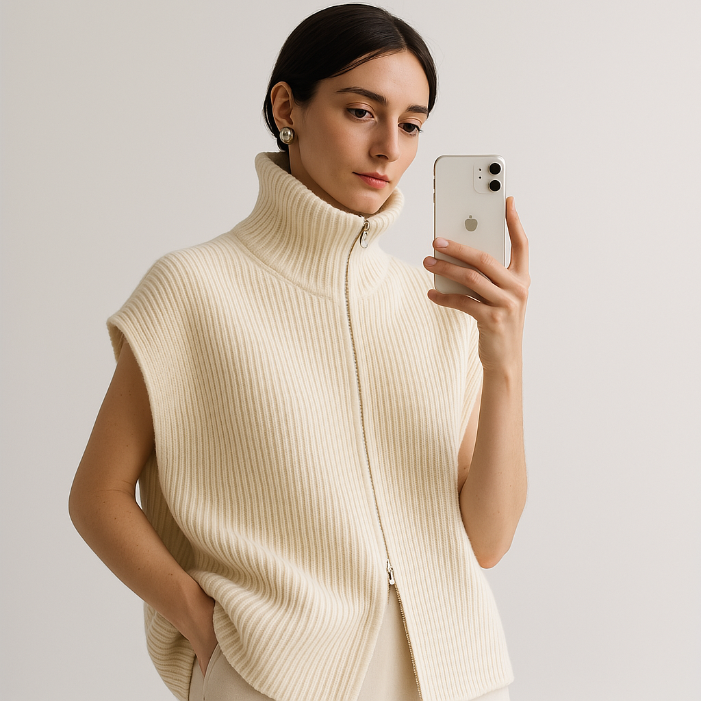 Ribbed Knit Zip Vest | High Neck | Oversized Fit