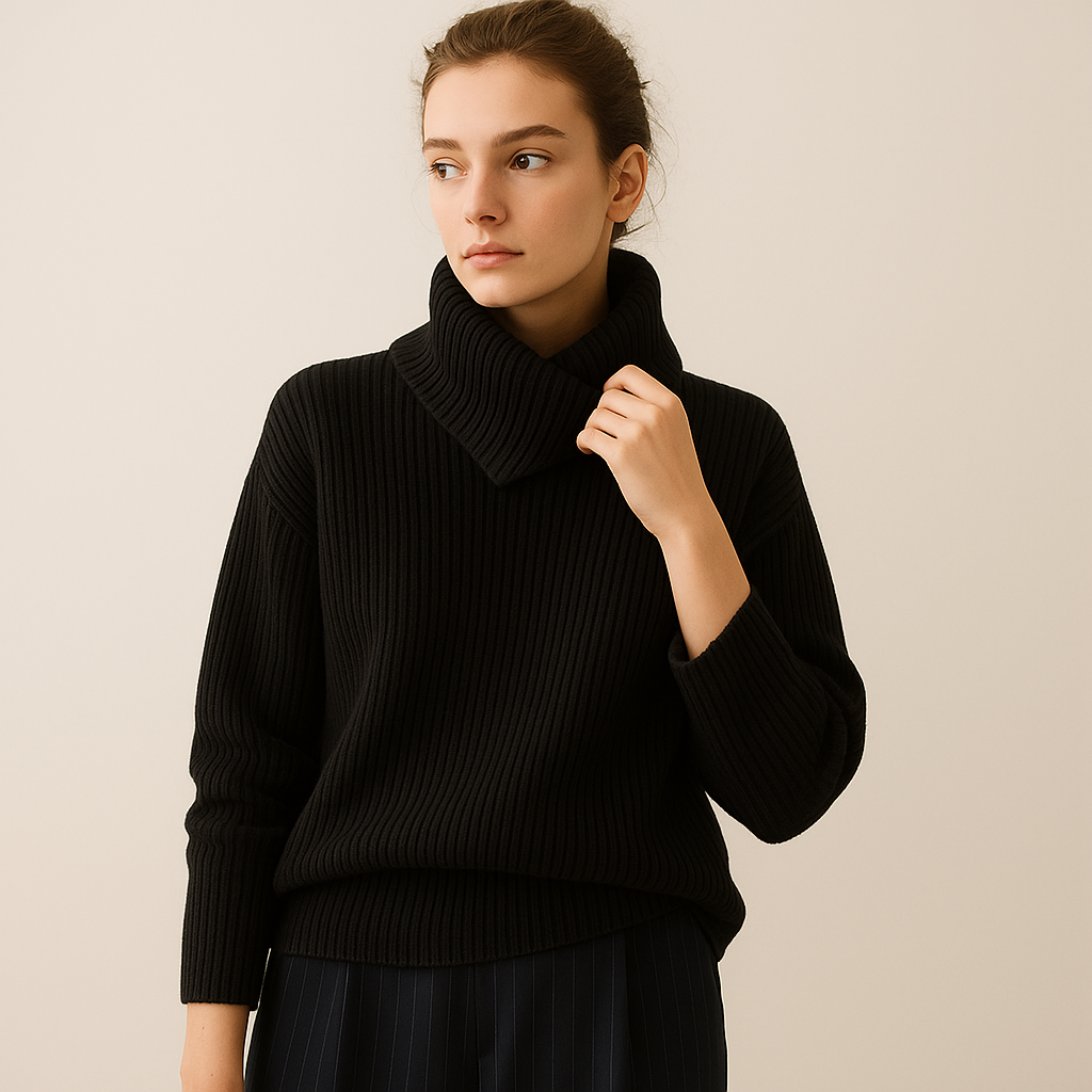 Wool Ribbed Turtleneck Sweater | Cross Collar | Relaxed Fit
