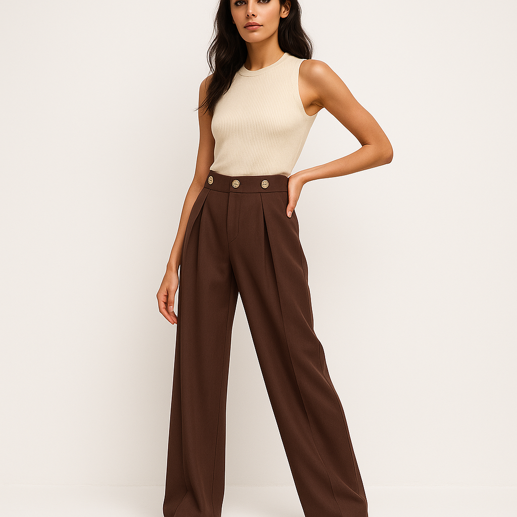 High-Waist Wide-Leg Trousers | Gold Button Detail | Modern Tailored Silhouette