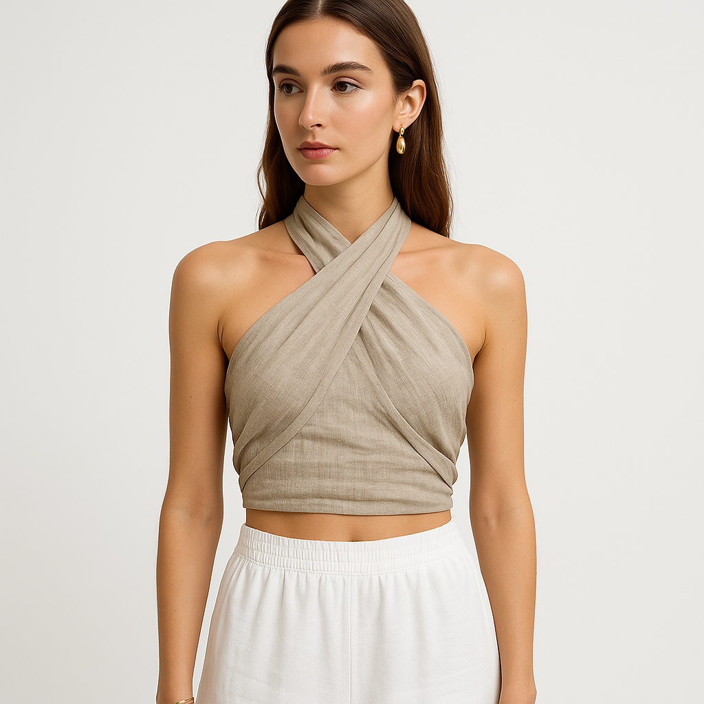 Linen Cross Halter Top | Draped Front | Cropped Fit