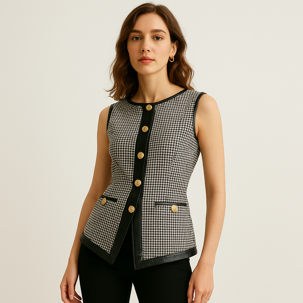 Structured Sleeveless Vest | Houndstooth Pattern | Contrast Trim