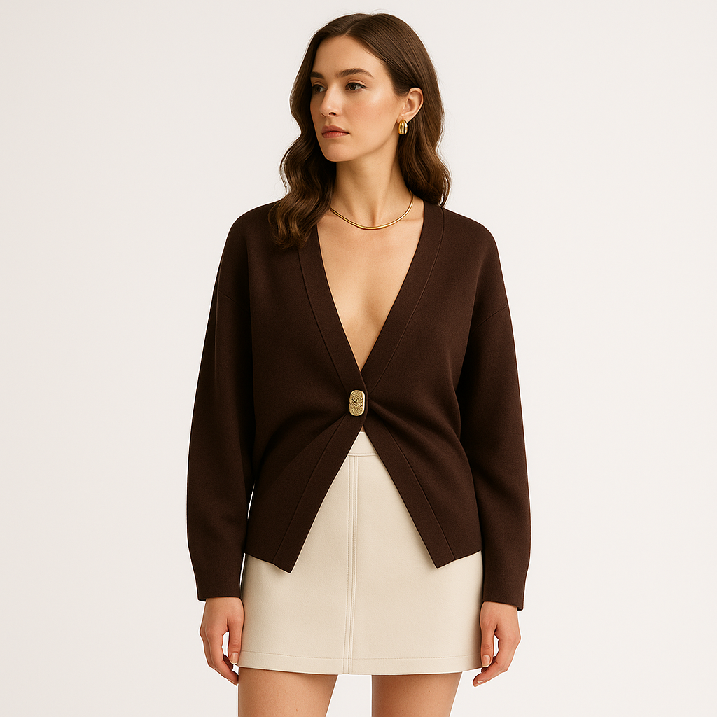 Minimalist Gold Button Cardigan | Deep V Neck | Refined Modern Knit