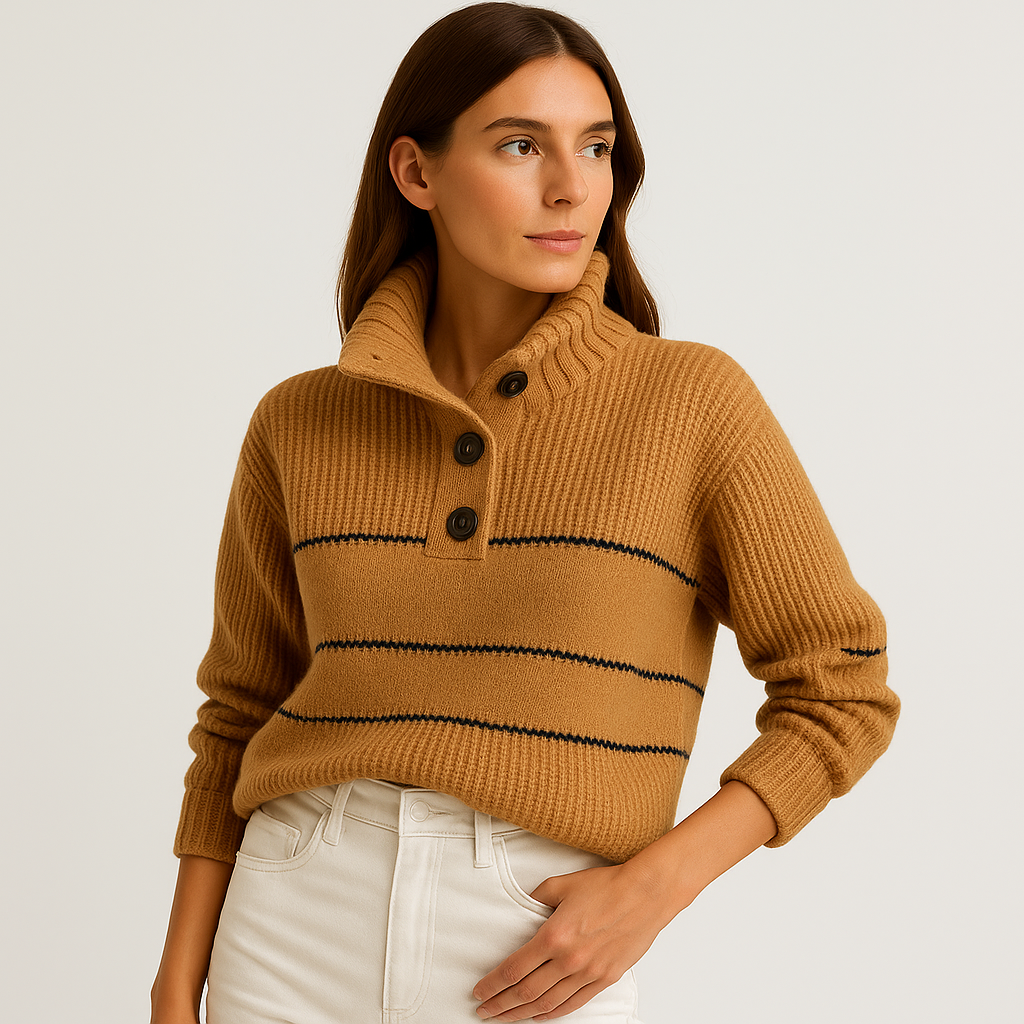 Marine Striped Button Sweater | Cream Cotton Knit | Effortless French Ease