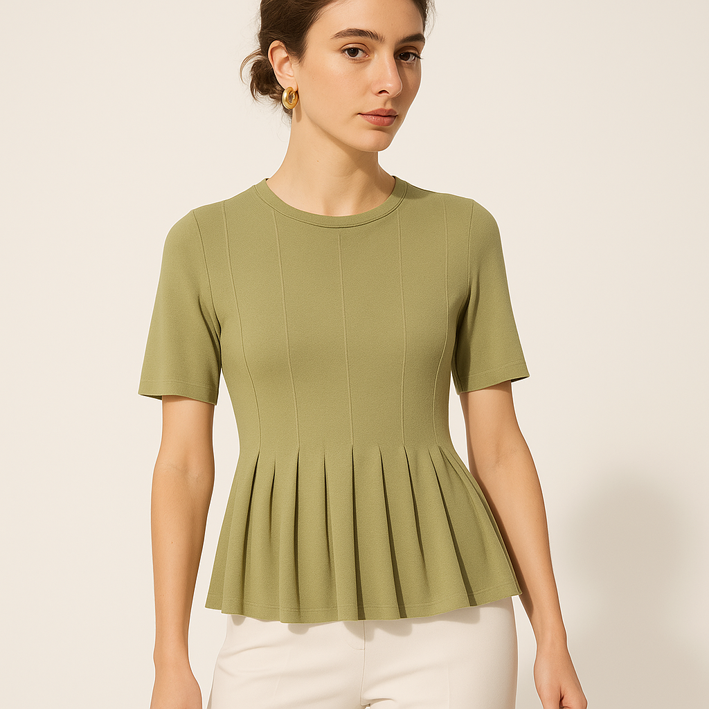 Pleated Hem Knit Top | Fitted Waist | Short Sleeve