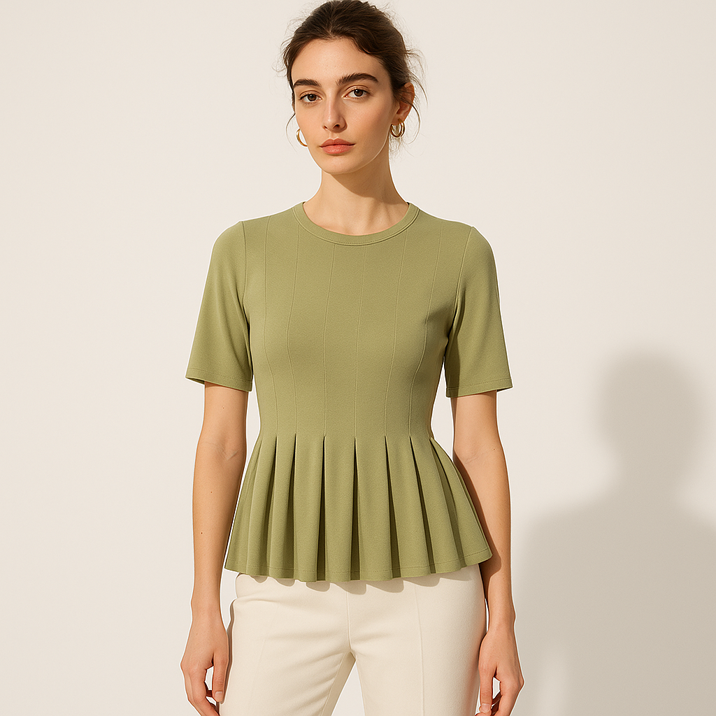 Pleated Hem Knit Top | Fitted Waist | Short Sleeve
