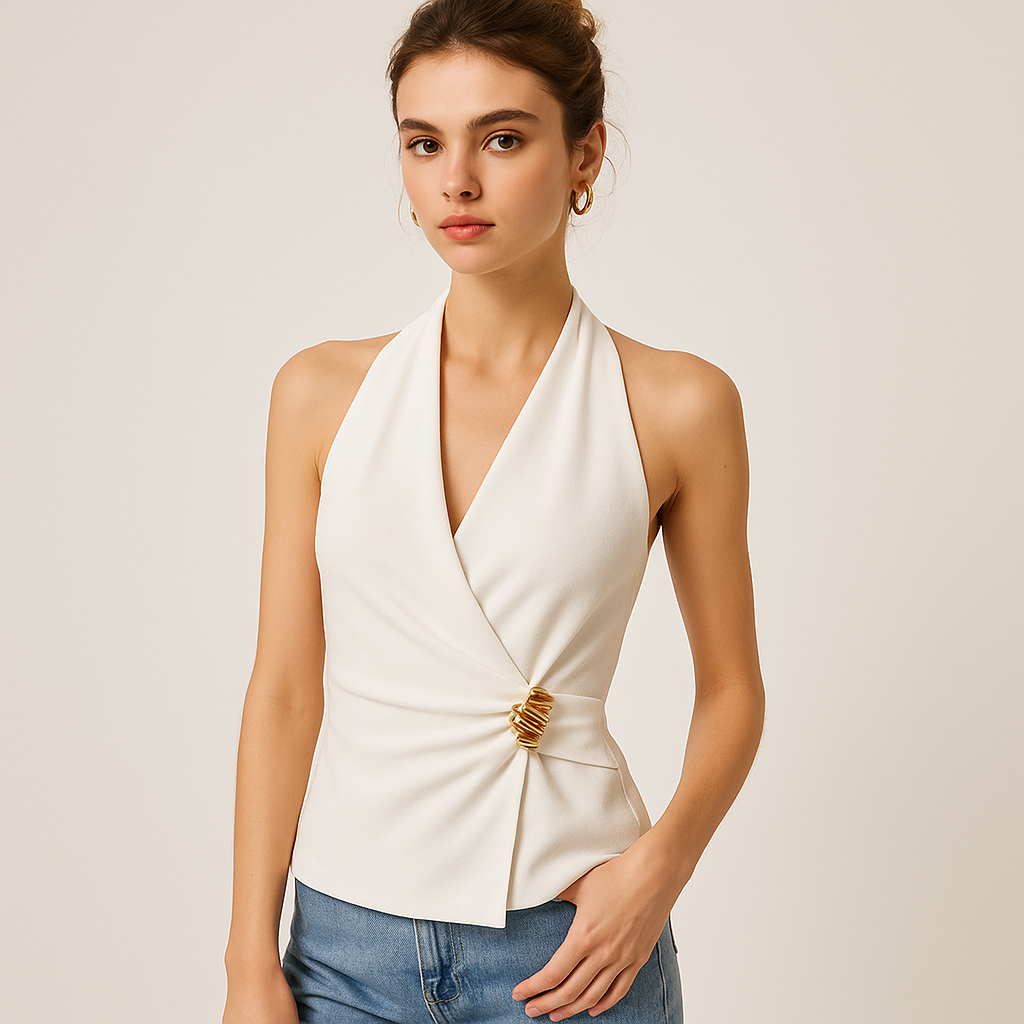 Halter Wrap Top | Gold Buckle Detail | Fitted Silhouette