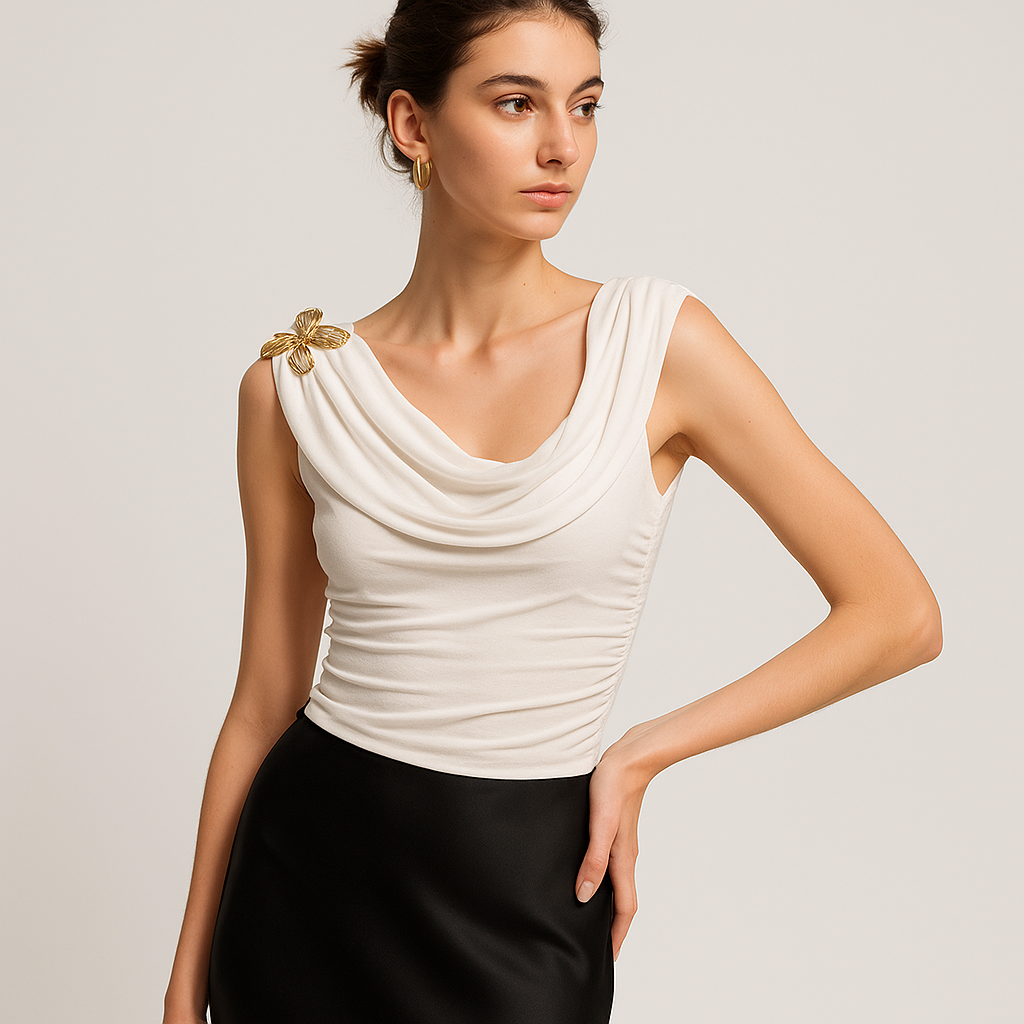 Draped Cowl Neck Top | Gold Butterfly Pin | Slim Fit