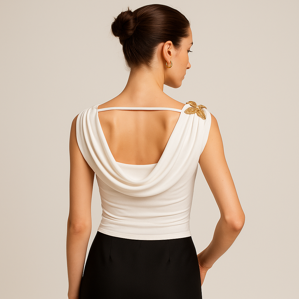 Draped Cowl Neck Top | Gold Butterfly Pin | Slim Fit