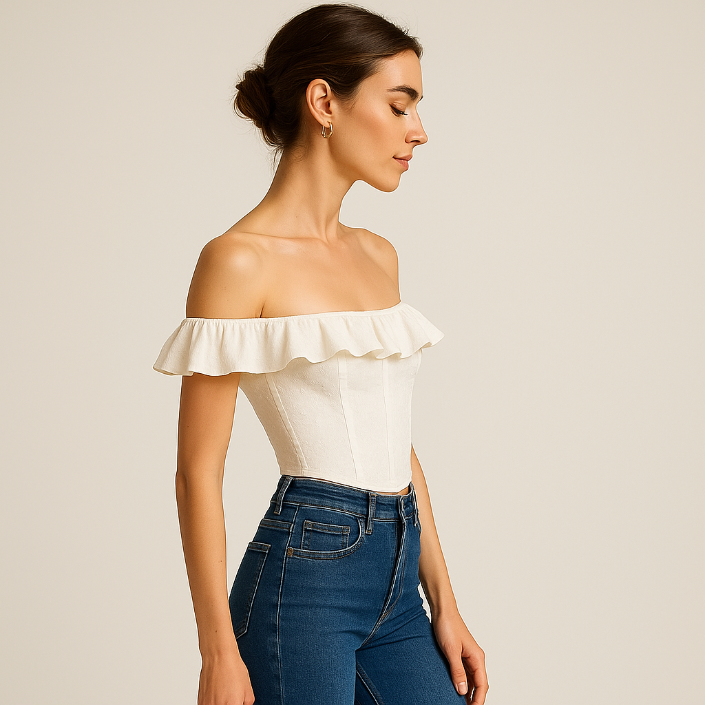 Broderie Bardot Corset Top | Ruffled Trim | Fitted Silhouette