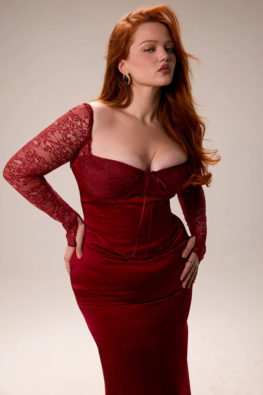 Nocturne Satin Lace Maxi Dress | Corset Bodice, Sheer Sleeves, Back Split