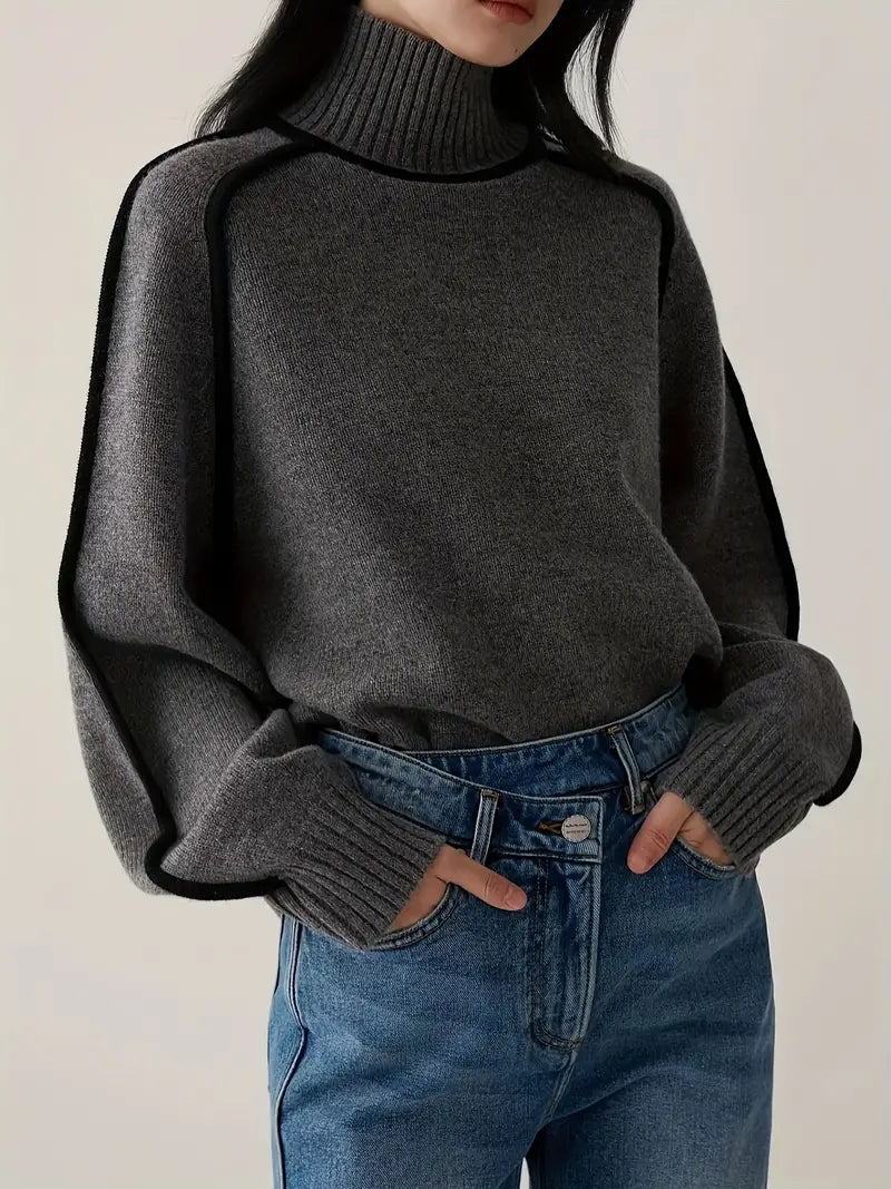 Wool Blend Turtleneck Sweater | Contrast Trim | Relaxed Fit