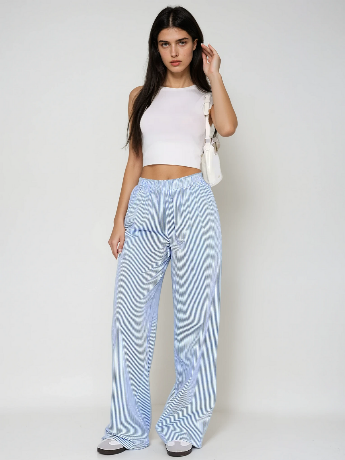 Striped Wide Leg Trousers | Elastic Waist Relaxed Fit