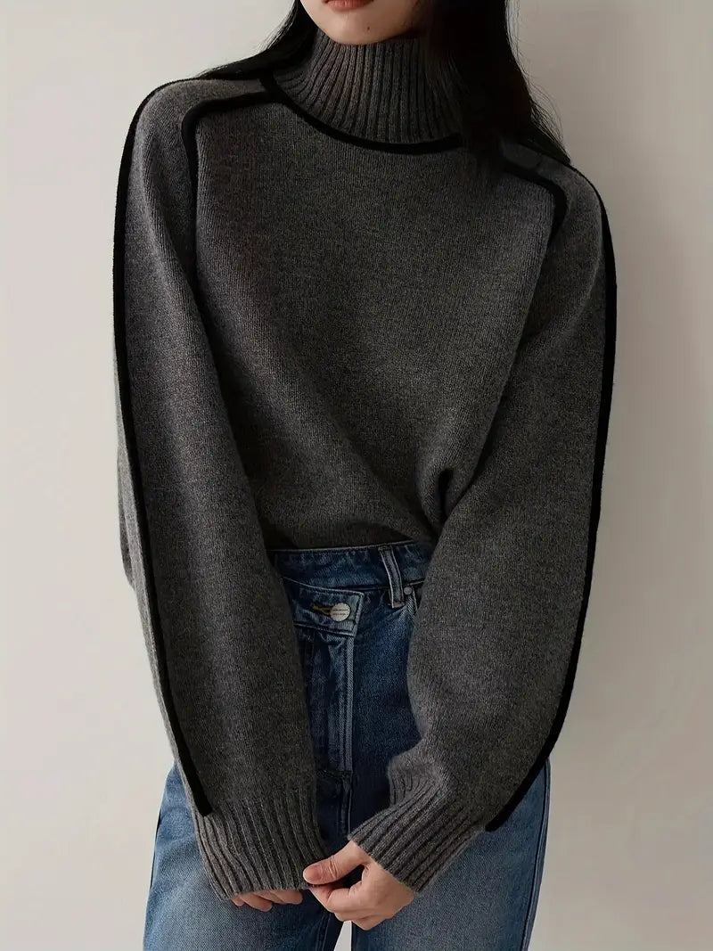 Wool Blend Turtleneck Sweater | Contrast Trim | Relaxed Fit