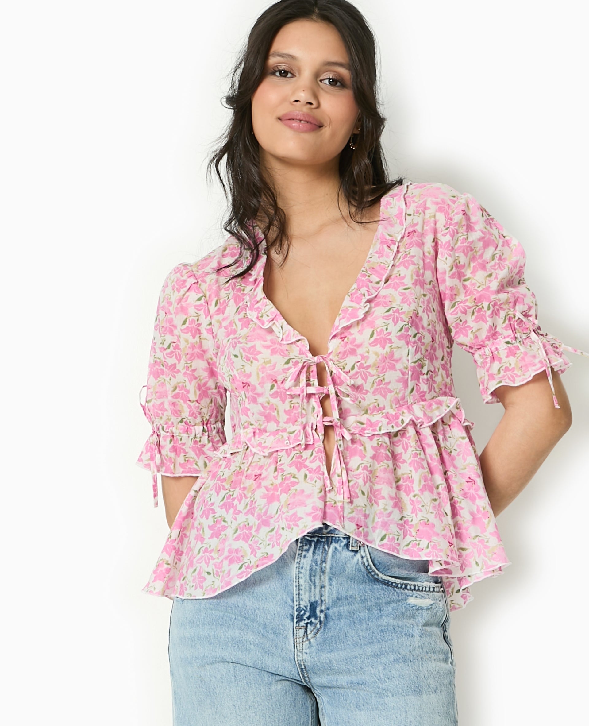 Aurora Floral Blouse | Ruffled V-Neck | Puff Sleeves