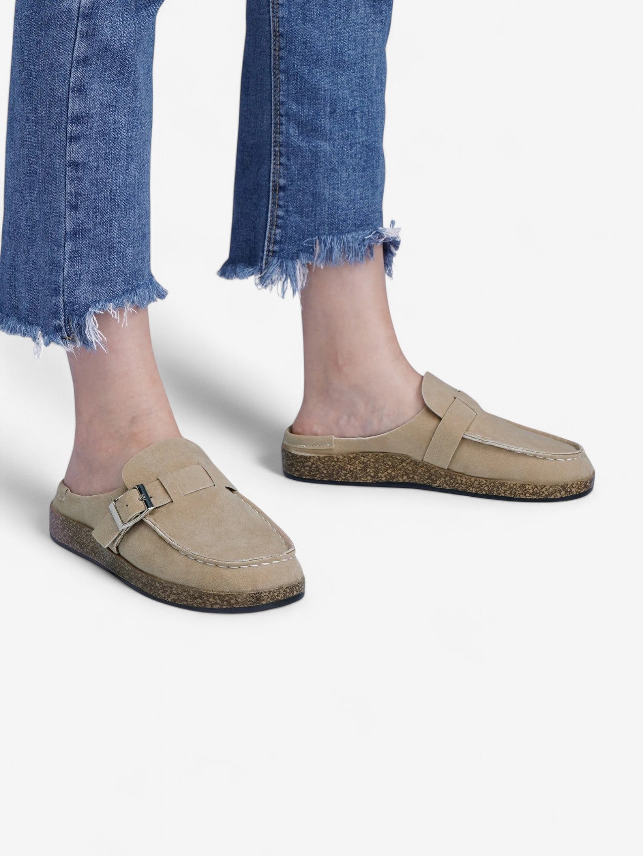 Jada Slip-On Mules | Faux Suede Clogs with Buckle Detail