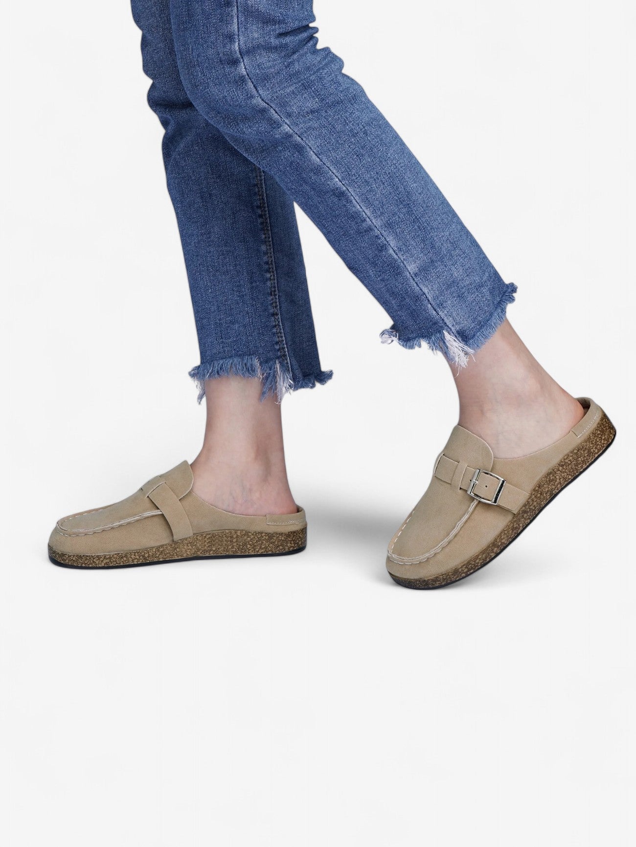 Jada Slip-On Mules | Faux Suede Clogs with Buckle Detail