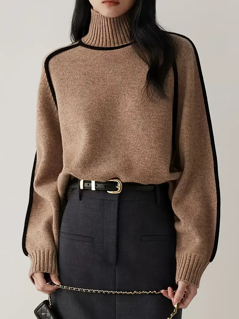 Wool Blend Turtleneck Sweater | Contrast Trim | Relaxed Fit