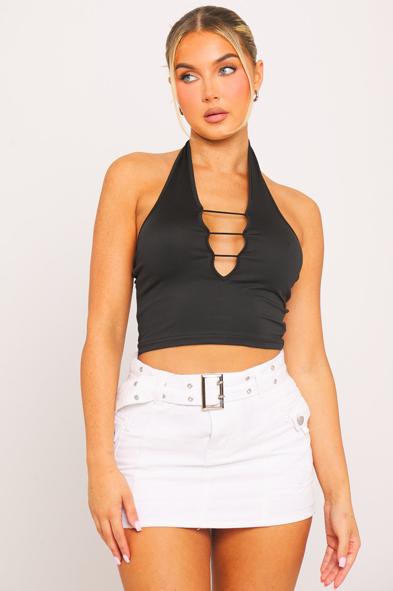 Midnight Ladder Halter Top | Plunge Front | Cropped Fit
