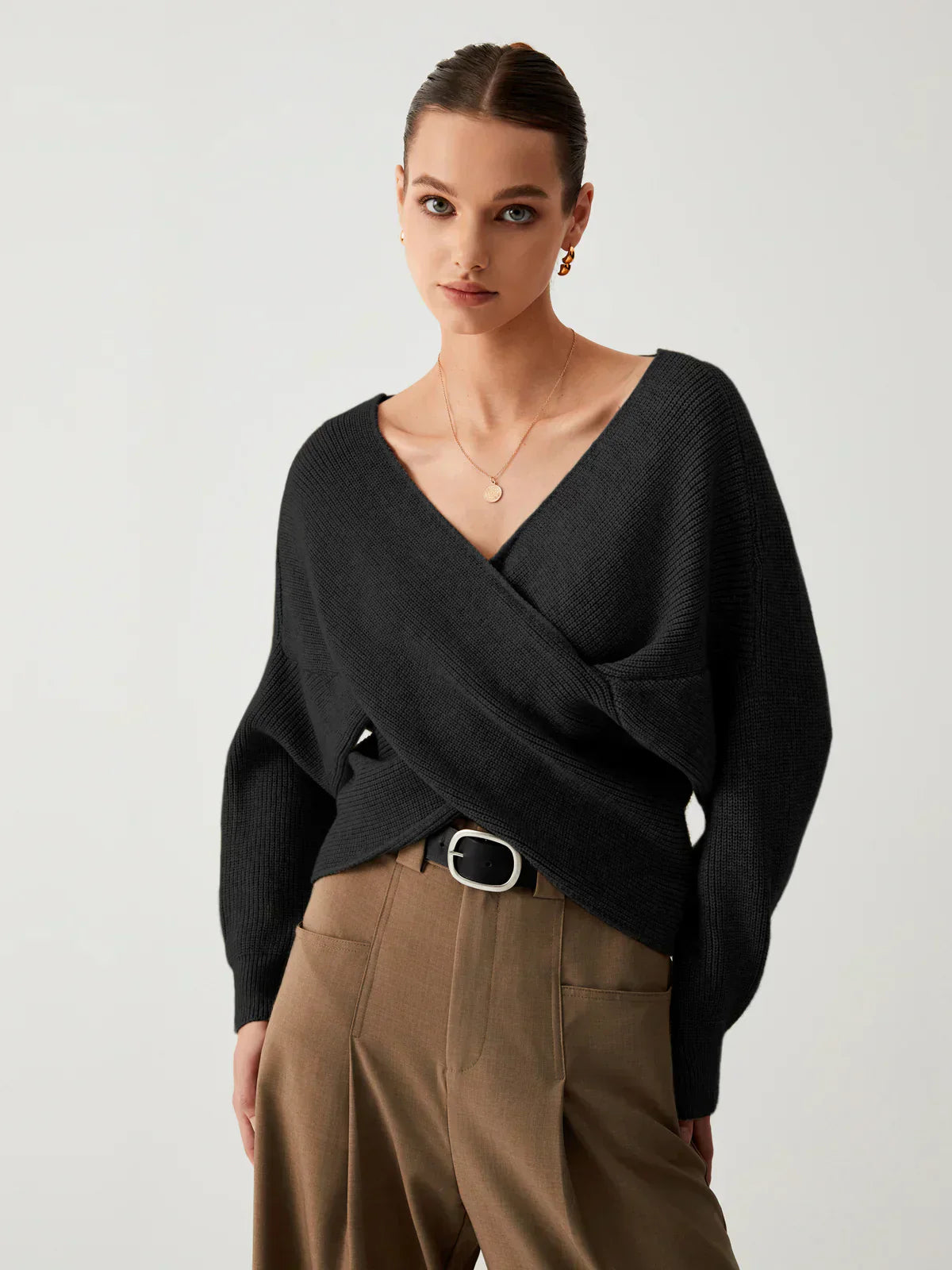 Cross-Over V-Neck Sweater | Draped Front | Slim Fit