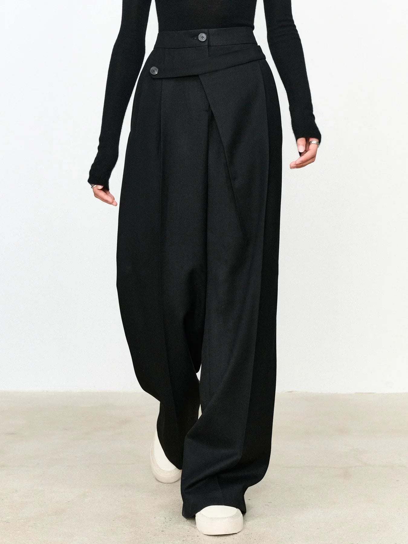 Asymmetric Layer Straight Leg Dress Trousers | Modern Button Detail