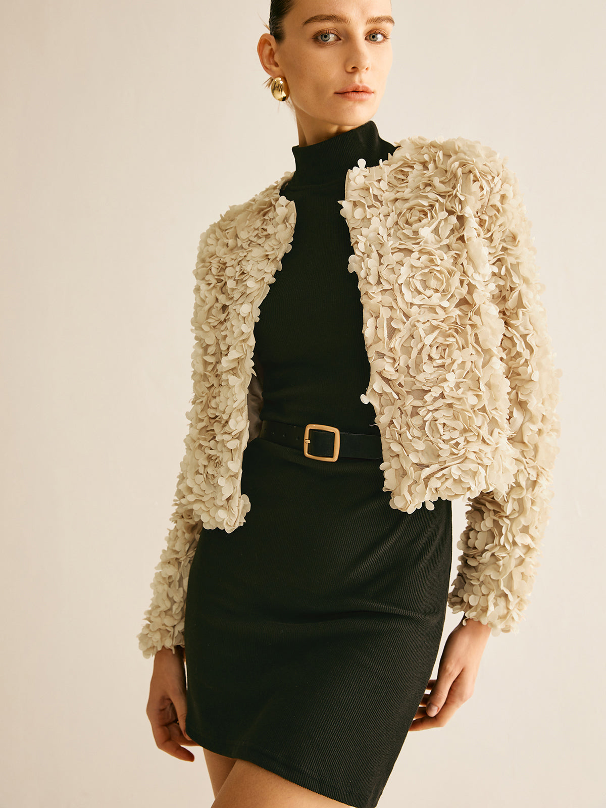 Textured Short Jacket | 3D Floral Design | Elegant Statement Piece
