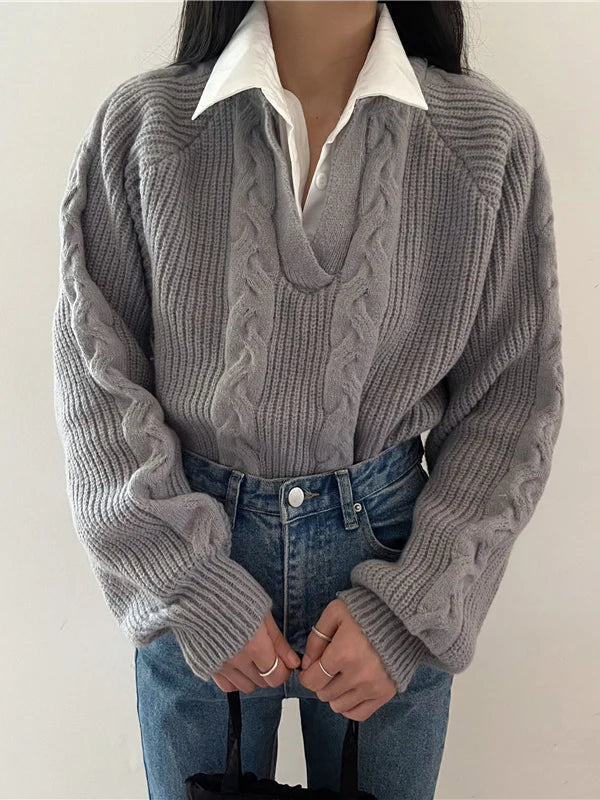 Cable Knit V-Neck Sweater | Turn-Down Collar | Relaxed Fit