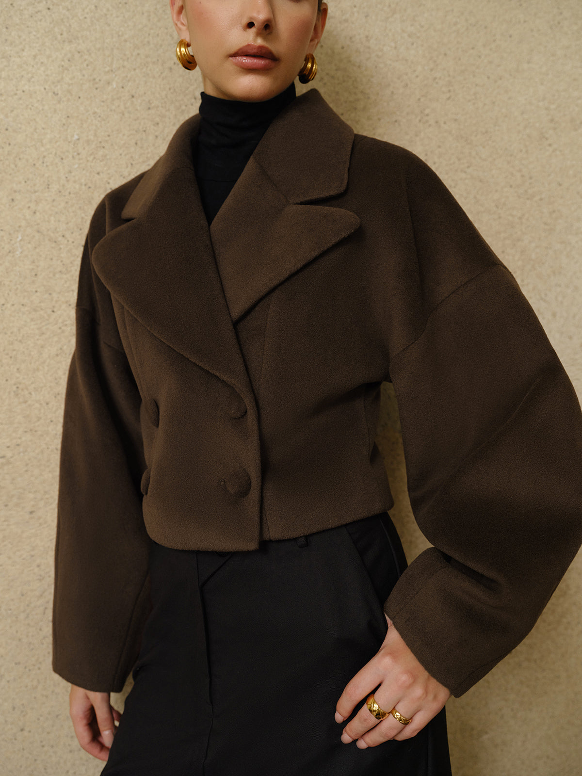 Atelier Wool Blend Cropped Coat | Oversized Lapel | Sculpted Silhouette