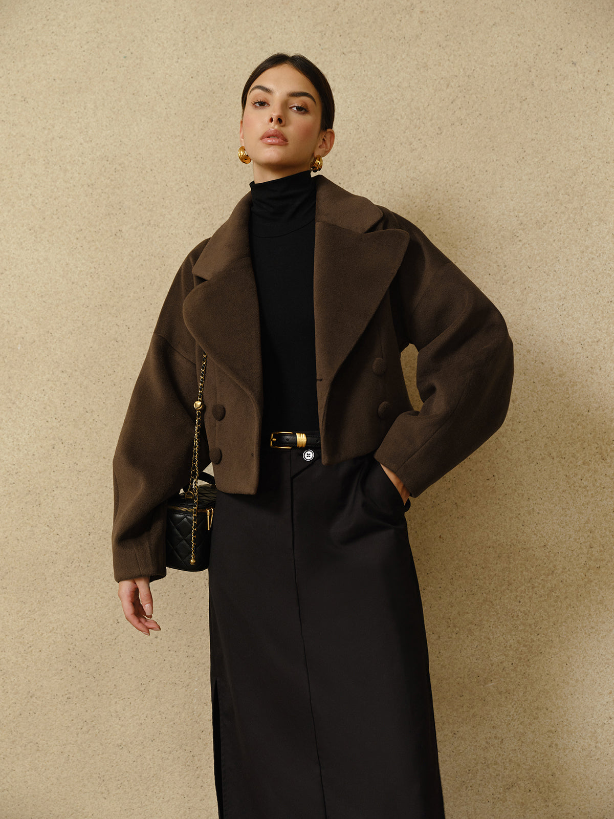 Atelier Wool Blend Cropped Coat | Oversized Lapel | Sculpted Silhouette