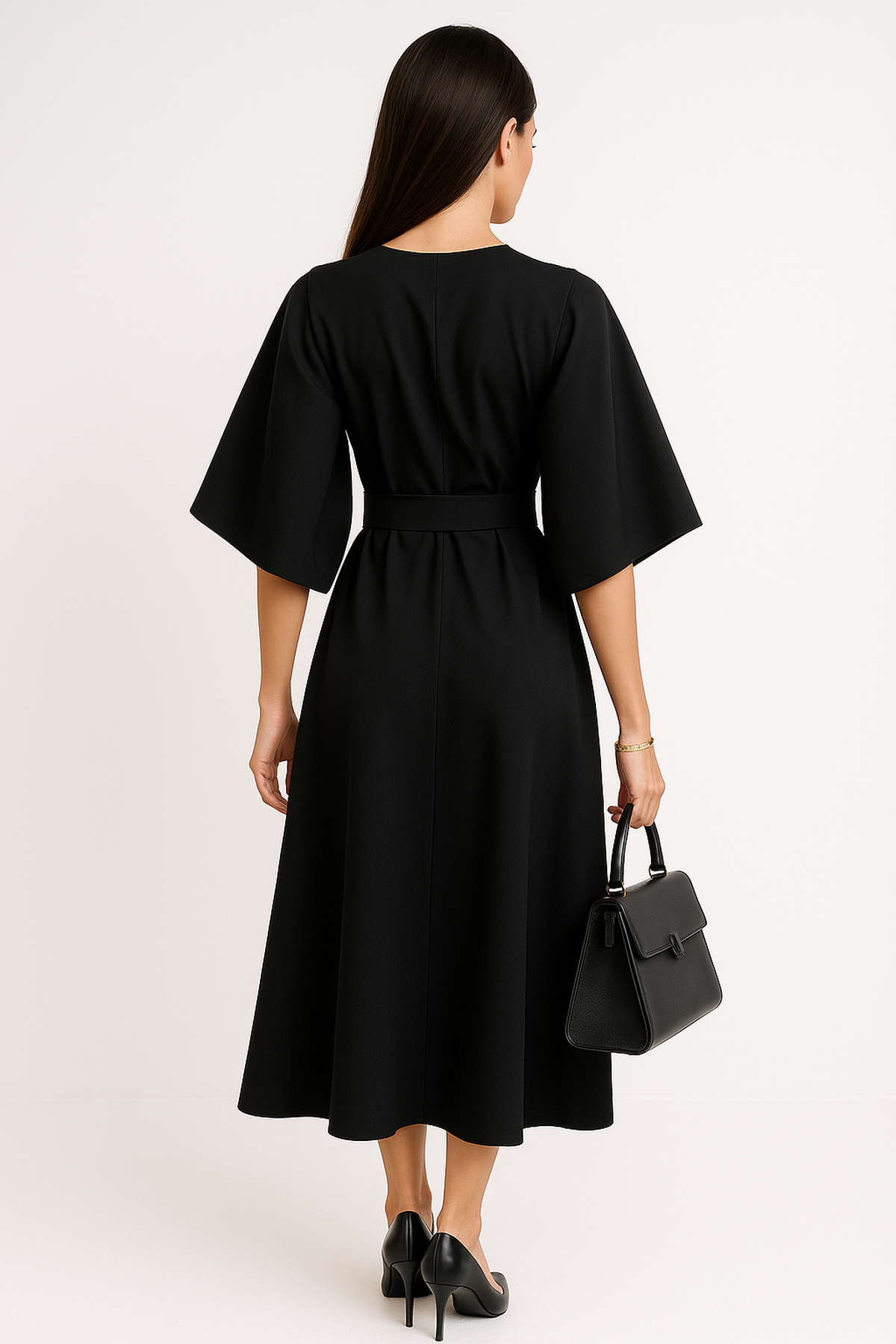 Batwing Sleeve Midi Dress | Belted A-Line Silhouette