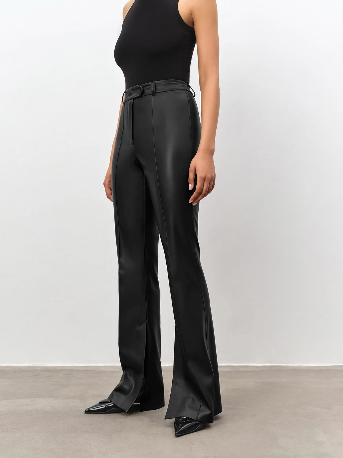 High Waisted Faux Leather Flare Trousers | Structured Fit