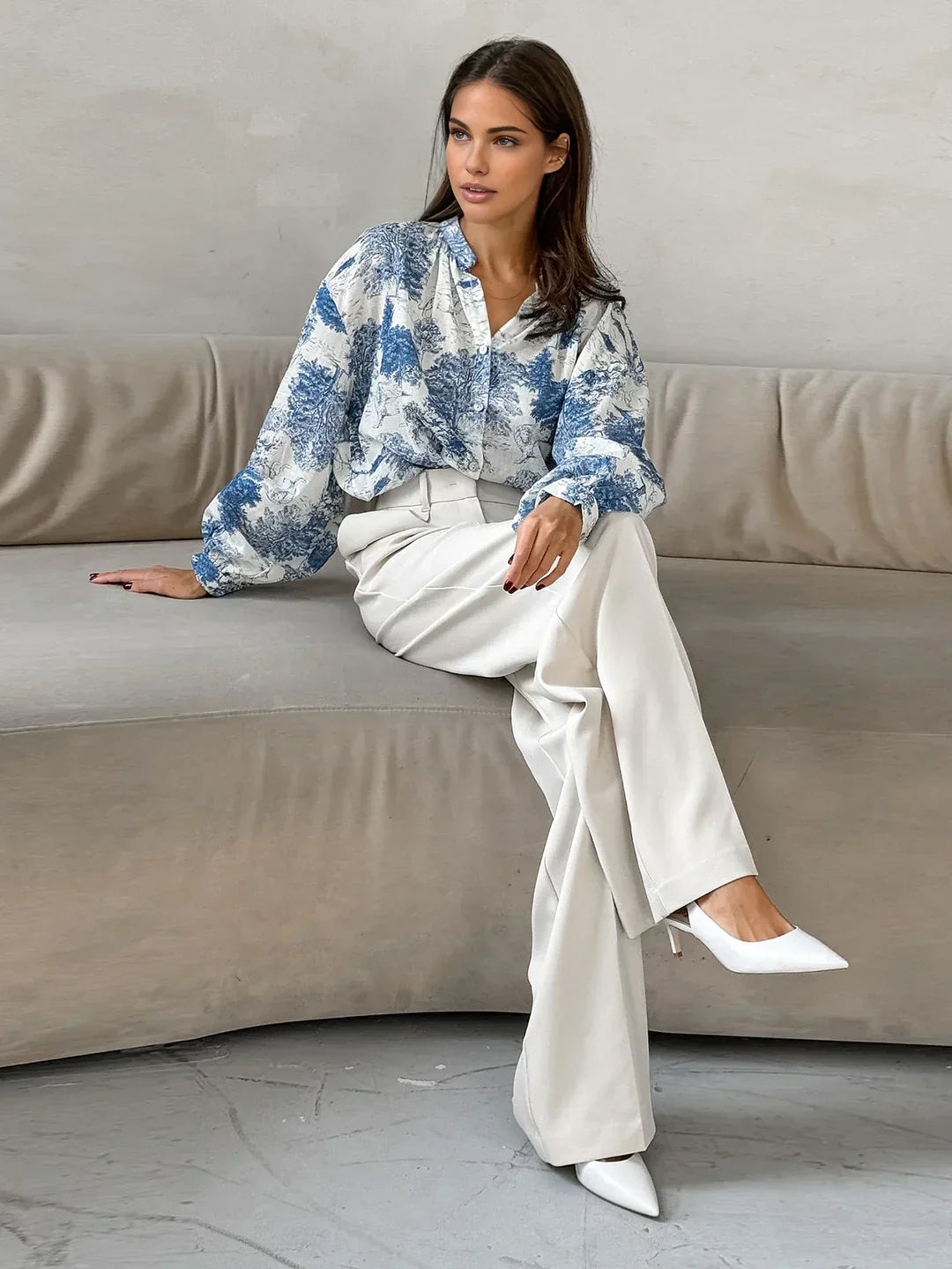 Printed Long-Sleeve Shirt | Stand Collar | Relaxed Fit