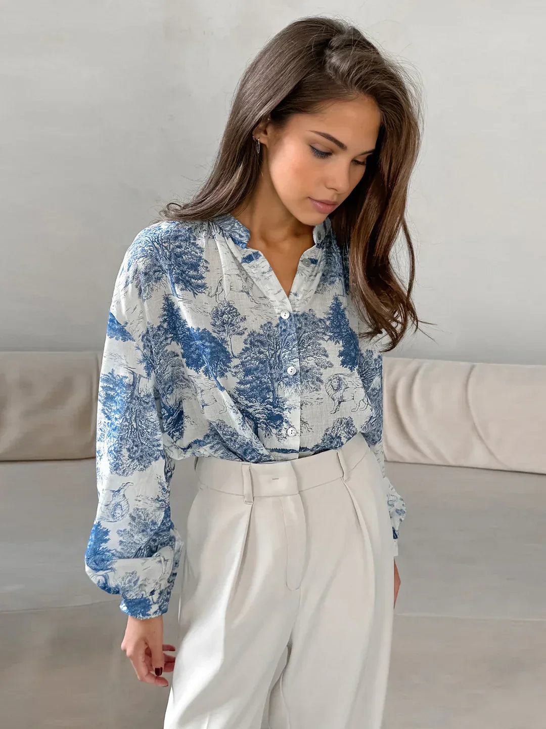 Printed Long-Sleeve Shirt | Stand Collar | Relaxed Fit