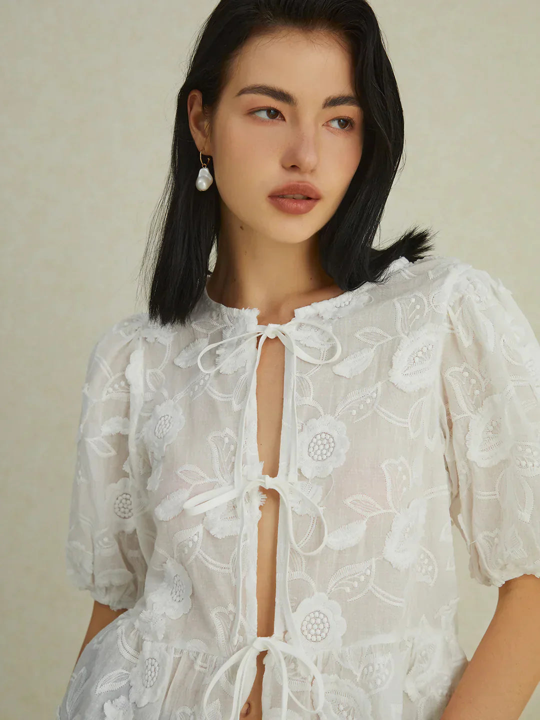 Embroidered Tie-Front Blouse | Puff Sleeve | Sheer Floral