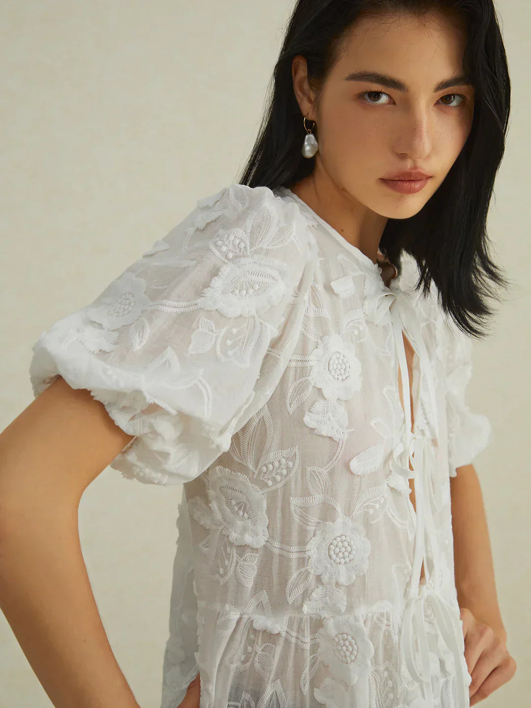 Embroidered Tie-Front Blouse | Puff Sleeve | Sheer Floral