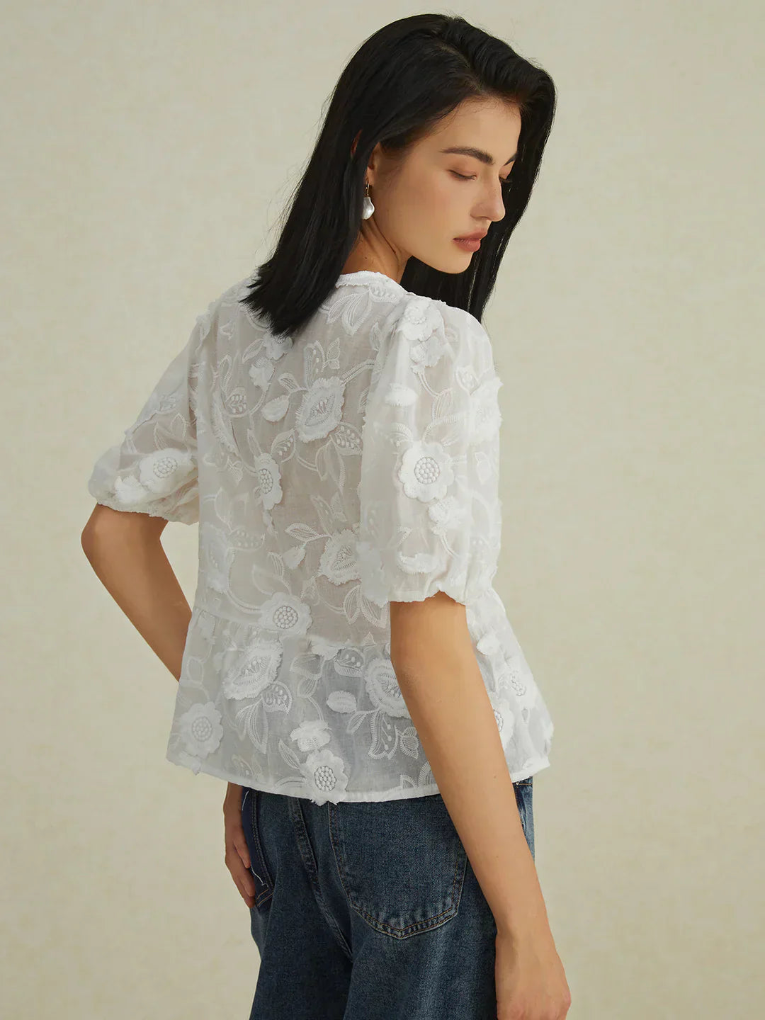 Embroidered Tie-Front Blouse | Puff Sleeve | Sheer Floral
