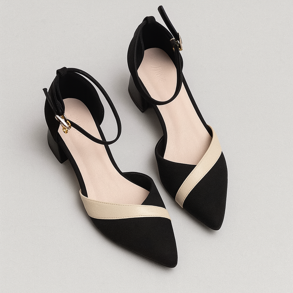 Block Heel Ankle Strap Pumps | Contrast Band | Pointed Toe