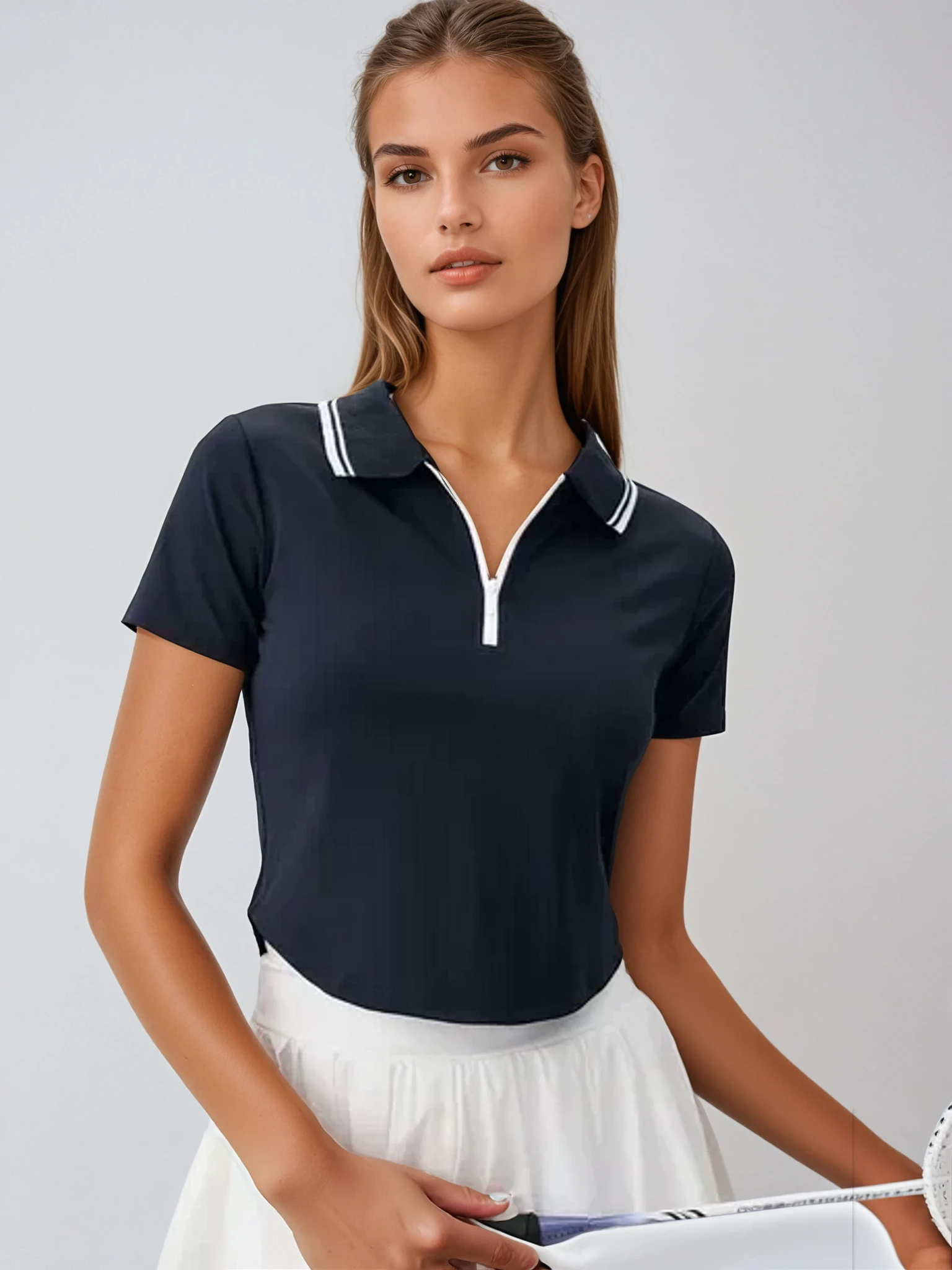 Contrast Collar Polo Top | Short Sleeve Zip Front